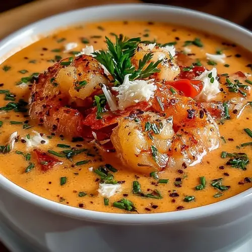 Delicious bowl of Crab & Shrimp Seafood Bisque garnished with herbs