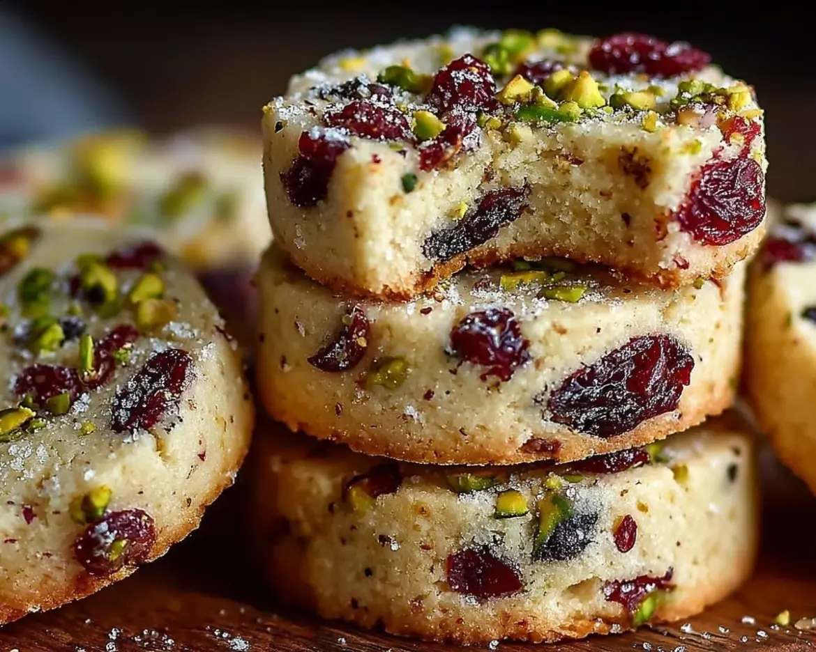 Cranberry Pistachio Shortbread Cookies arranged beautifully on a plate.