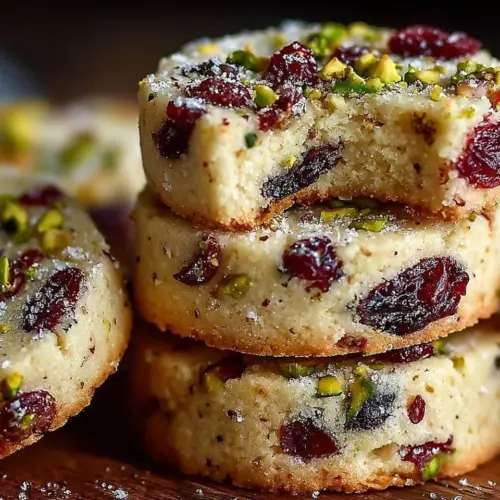 Cranberry Pistachio Shortbread Cookies arranged beautifully on a plate.