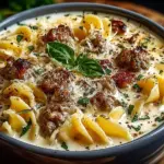 Creamy Alfredo Lasagna Soup in a bowl garnished with herbs