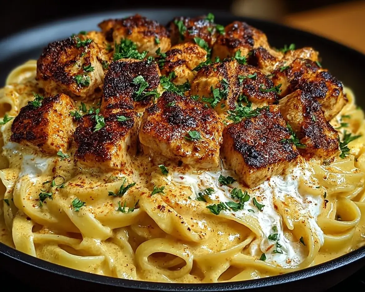 Delicious creamy Cajun chicken pasta garnished with herbs and spices.