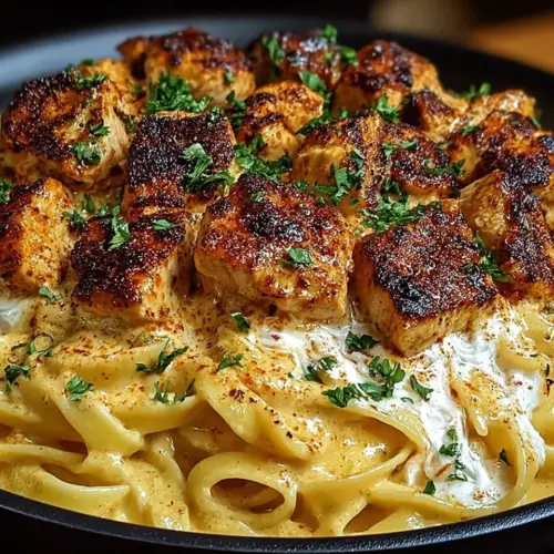Delicious creamy Cajun chicken pasta garnished with herbs and spices.