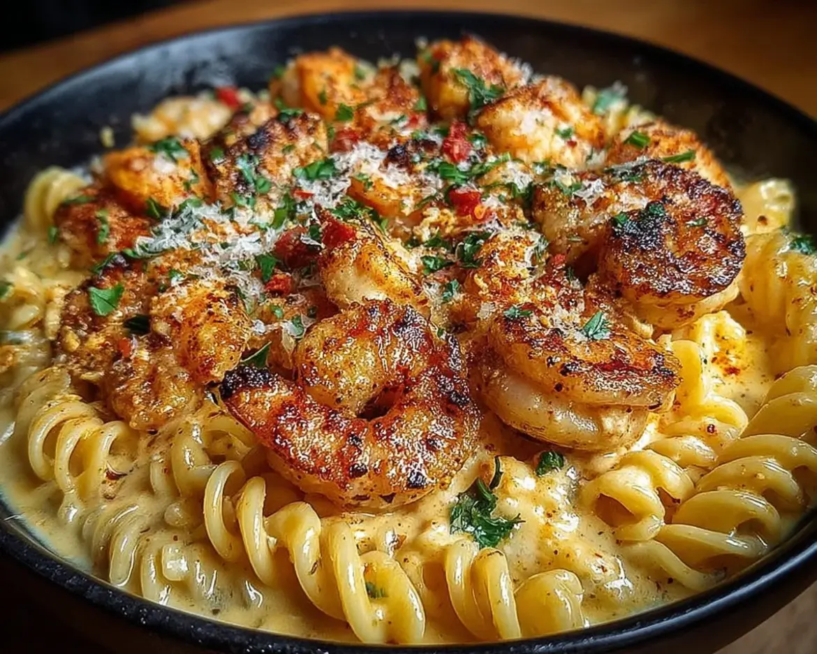 Creamy Cajun shrimp and chicken pasta dish garnished with herbs