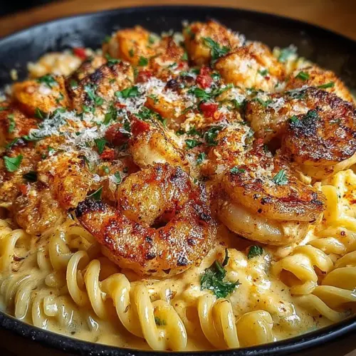 Creamy Cajun shrimp and chicken pasta dish garnished with herbs