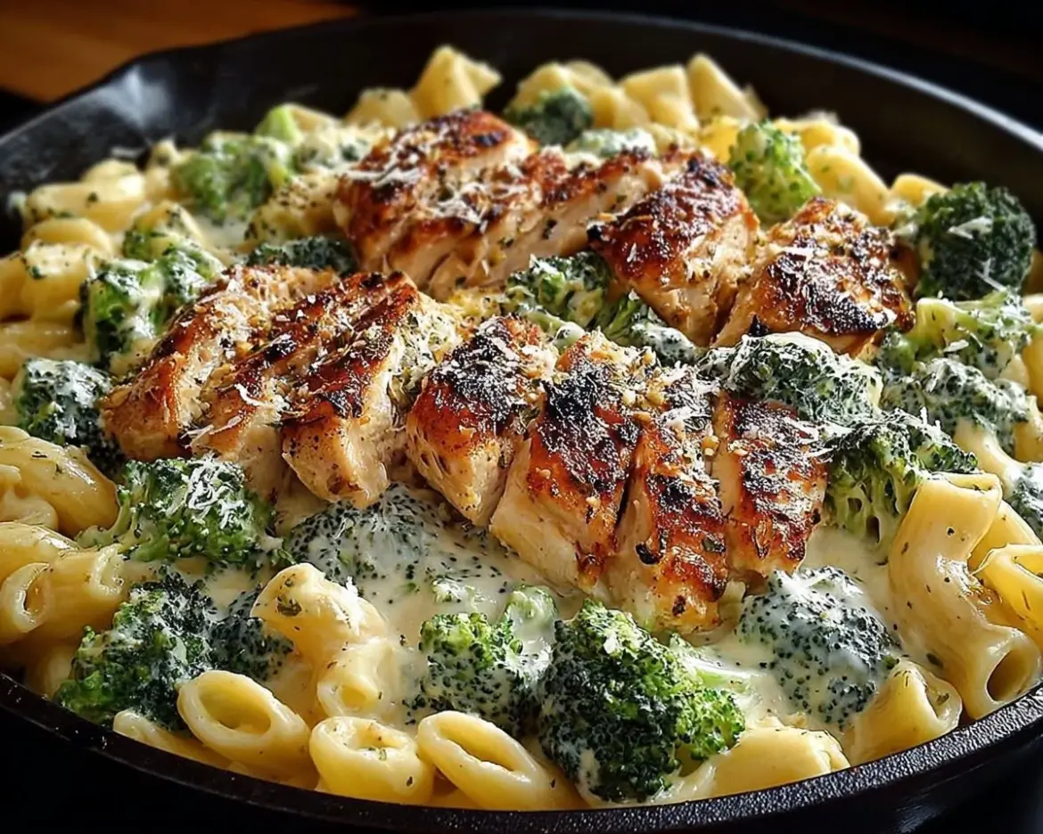Creamy chicken and broccoli pasta dish served in a bowl