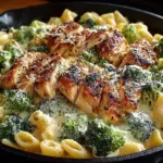 Creamy chicken and broccoli pasta dish served in a bowl