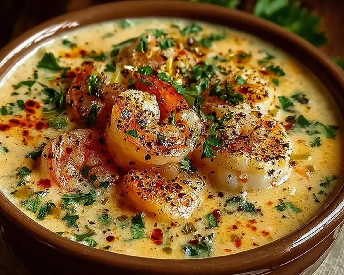 Creamy crab and shrimp seafood bisque served in a white bowl with garnish