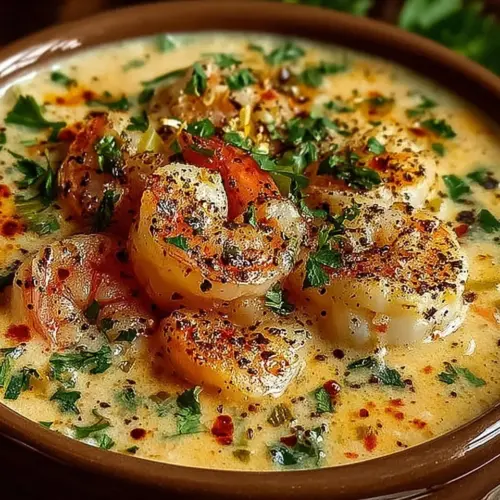 Creamy crab and shrimp seafood bisque served in a white bowl with garnish