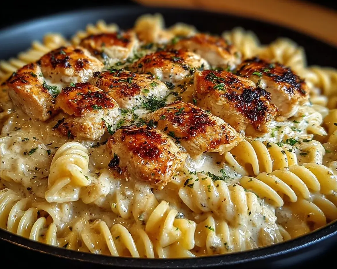 Delicious creamy garlic butter chicken served with rotini in Parmesan sauce