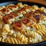 Delicious creamy garlic butter chicken served with rotini in Parmesan sauce