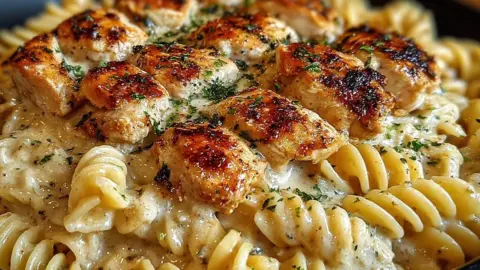 Delicious creamy garlic butter chicken served with rotini in Parmesan sauce