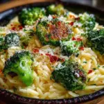 Creamy orzo with Parmesan broccoli in a bowl, garnished and ready to serve.