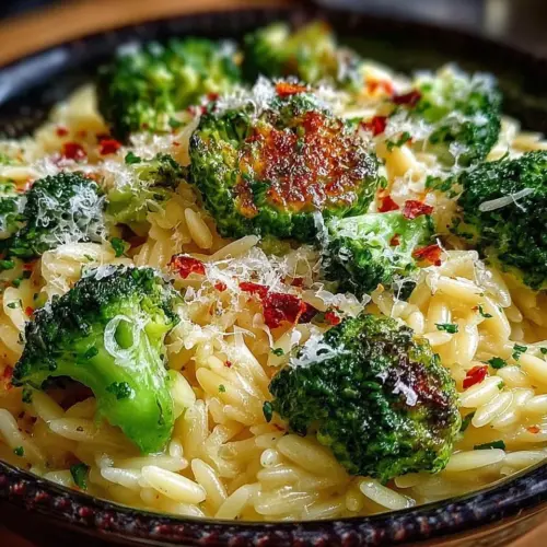 Creamy orzo with Parmesan broccoli in a bowl, garnished and ready to serve.