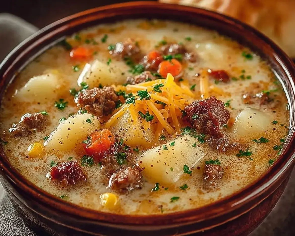 Bowl of creamy potato hamburger soup made in a crockpot