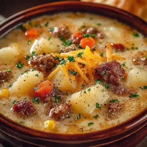 Bowl of creamy potato hamburger soup made in a crockpot