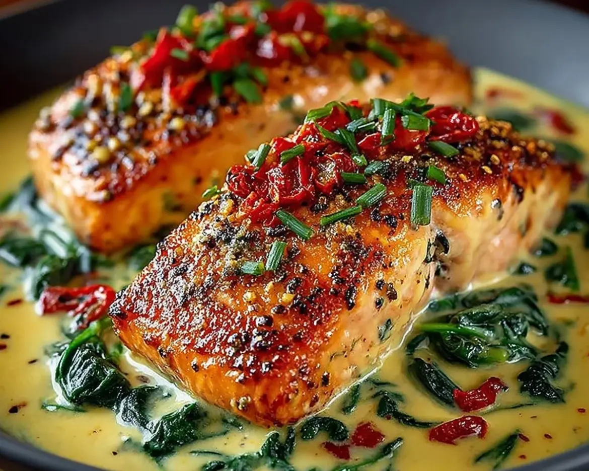 Creamy spinach and roasted red pepper salmon dish garnished with herbs
