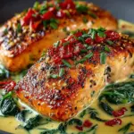 Creamy spinach and roasted red pepper salmon dish garnished with herbs