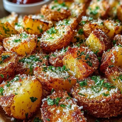 Baked crispy parmesan potatoes garnished with herbs and spices