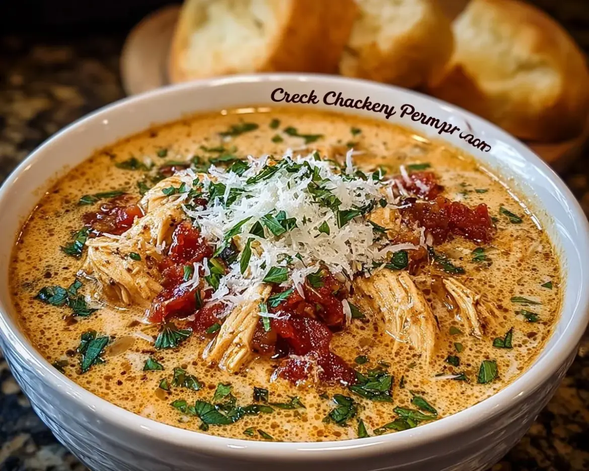 Bowl of Crock Pot Creamy Chicken Parmesan Soup topped with parsley and Parmesan cheese