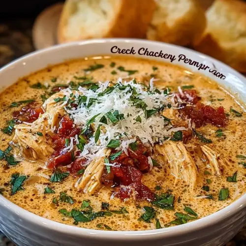 Bowl of Crock Pot Creamy Chicken Parmesan Soup topped with parsley and Parmesan cheese