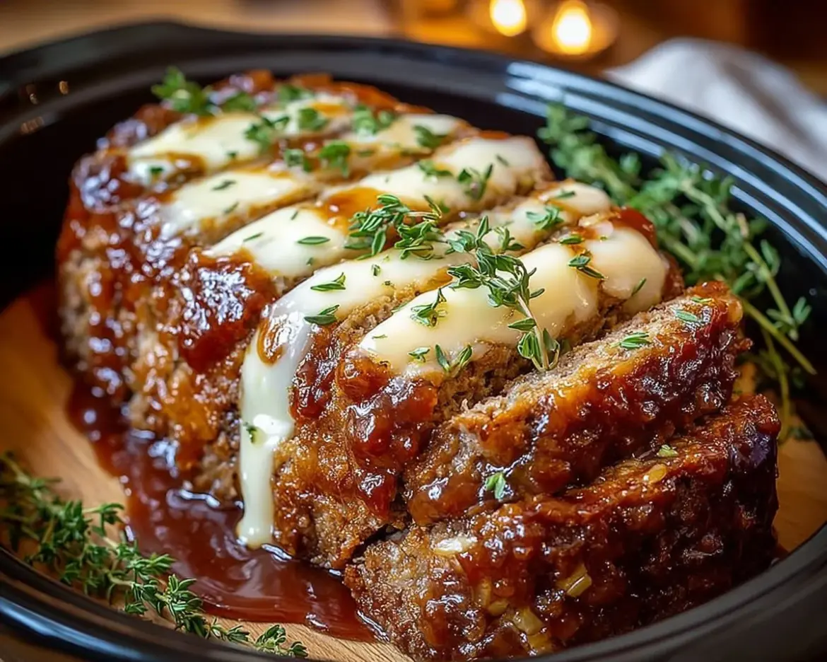 Crockpot French Onion Meatloaf with melted Swiss cheese on a plate