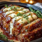 Crockpot French Onion Meatloaf with melted Swiss cheese on a plate