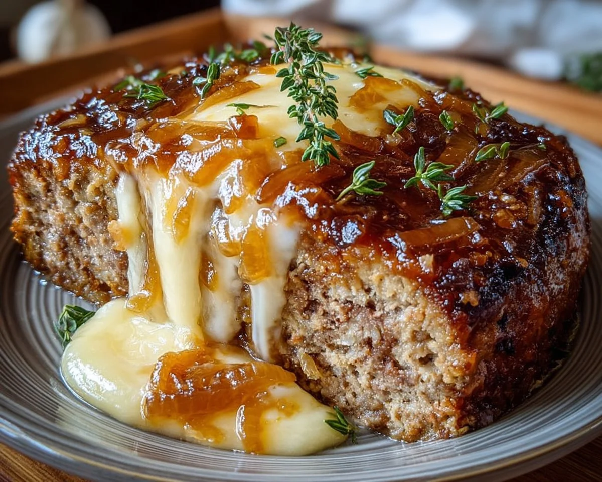 Crockpot French Onion Meatloaf with Melted Swiss Cheese
