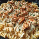 Crockpot Garlic Parmesan Chicken Pasta ready to serve in a bowl.