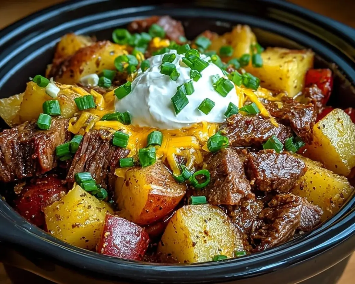 Crockpot Loaded Steak and Potato Bake served in a rustic dish
