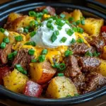 Crockpot Loaded Steak and Potato Bake served in a rustic dish