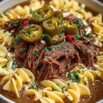 Crockpot Mississippi Beef and Noodles served in a bowl