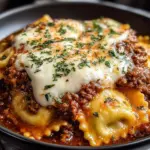 Crockpot Ravioli Lasagna topped with cheese and fresh herbs in a slow cooker