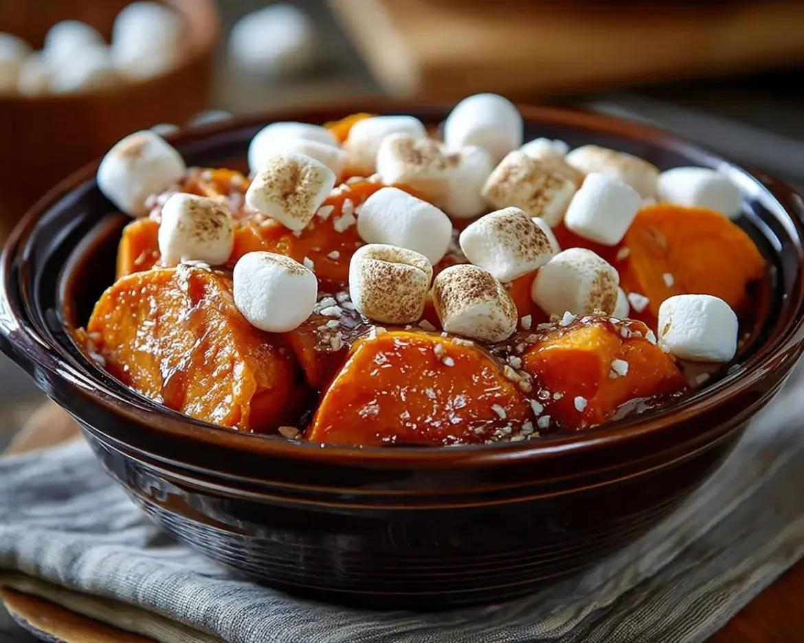 Crockpot sweet potatoes topped with marshmallows in a serving dish.