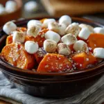 Crockpot sweet potatoes topped with marshmallows in a serving dish.