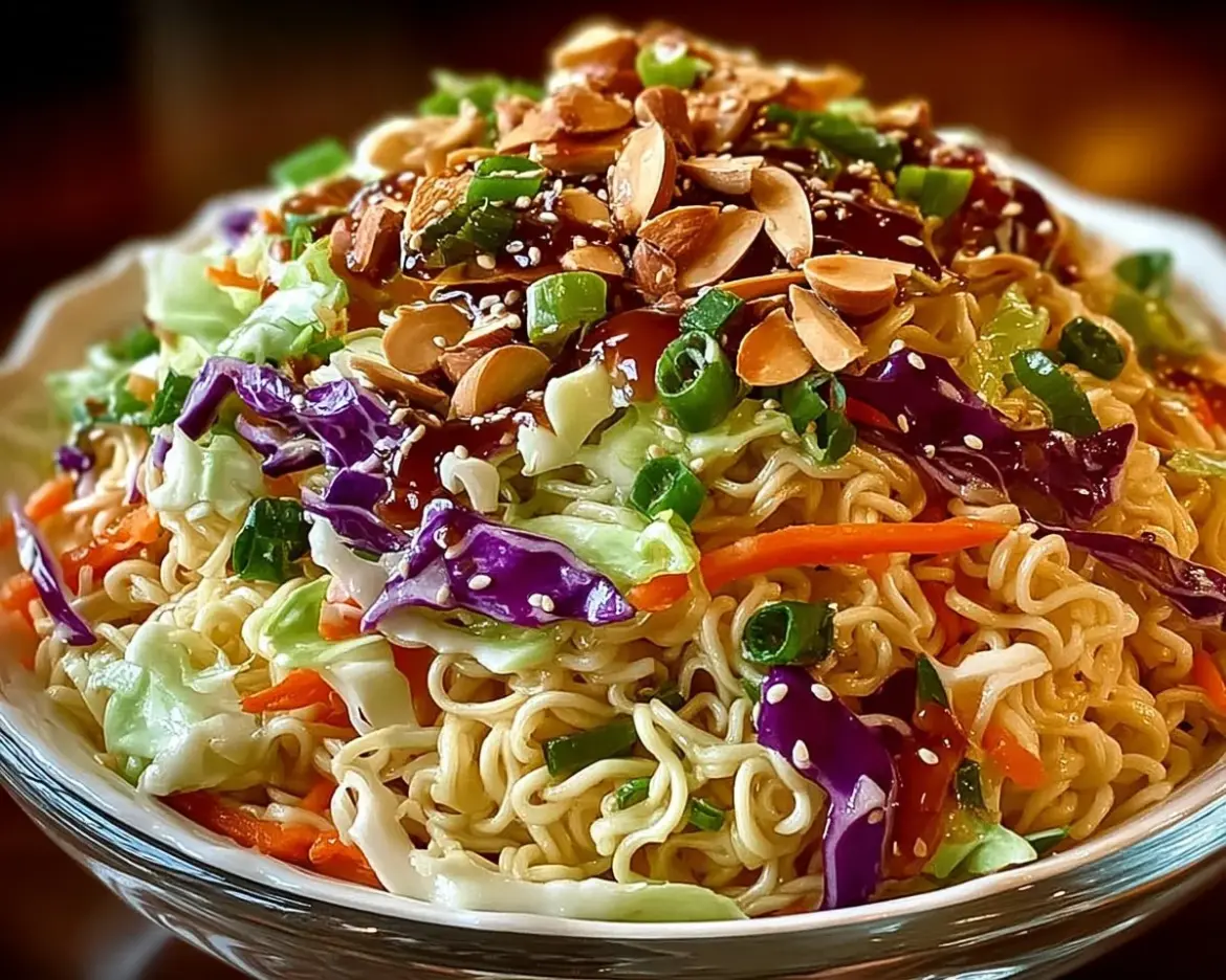 Crunchy Asian ramen noodle salad with fresh vegetables and dressing