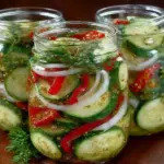 Fresh cucumber salad in a jar with colorful vegetables and herbs