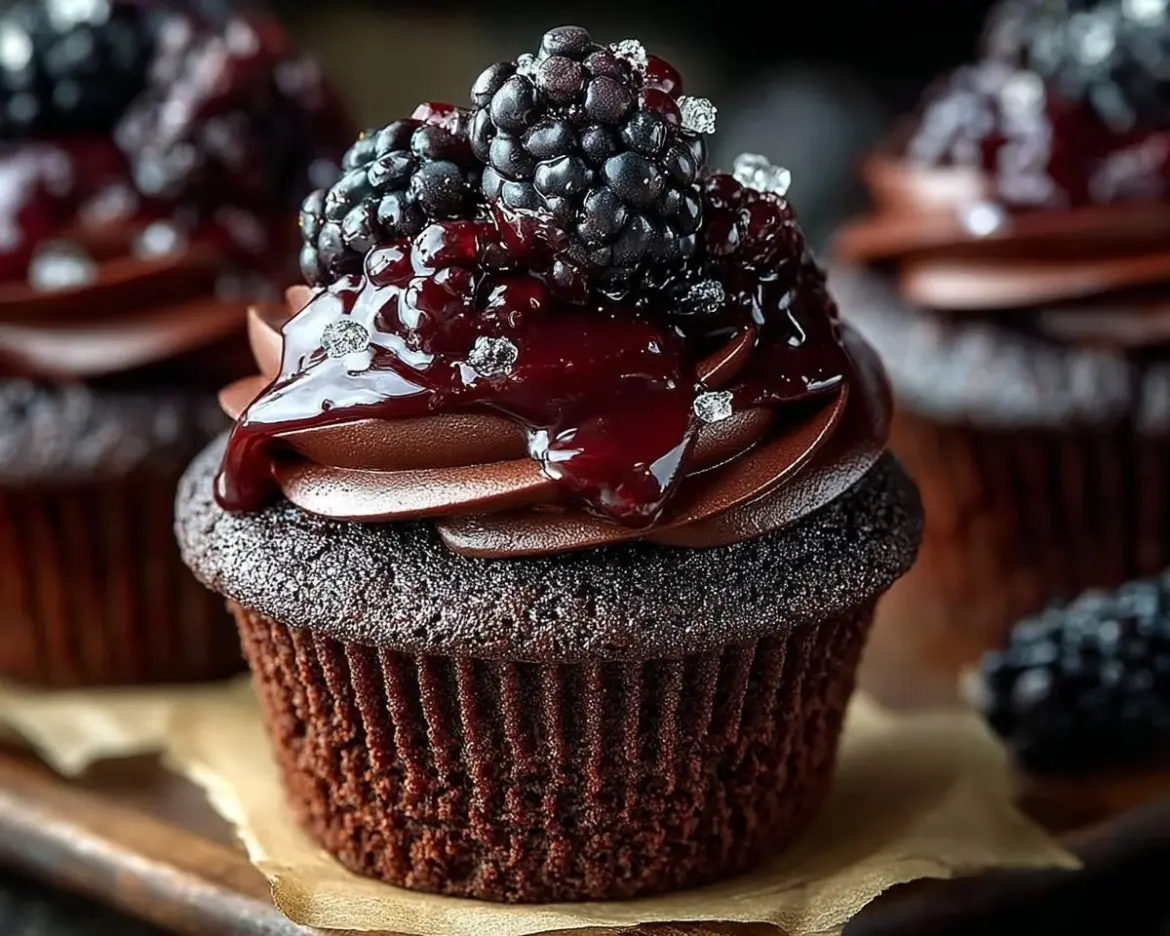 Dark chocolate blackberry cupcakes topped with fresh blackberries and chocolate ganache