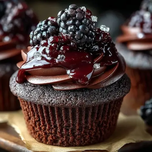 Dark chocolate blackberry cupcakes topped with fresh blackberries and chocolate ganache