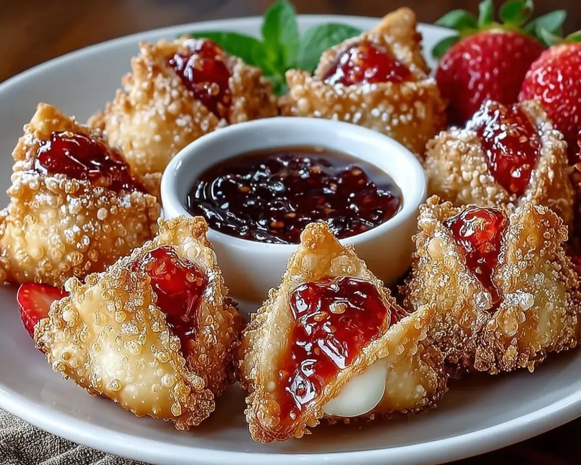 Deep-fried strawberry cheesecake wonton bites served on a plate.