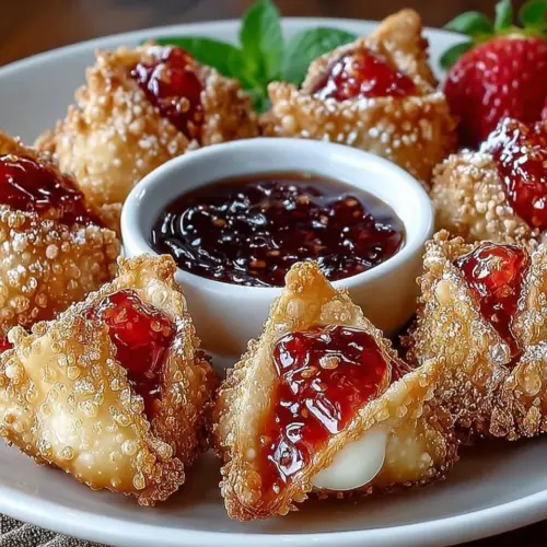 Deep-fried strawberry cheesecake wonton bites served on a plate.