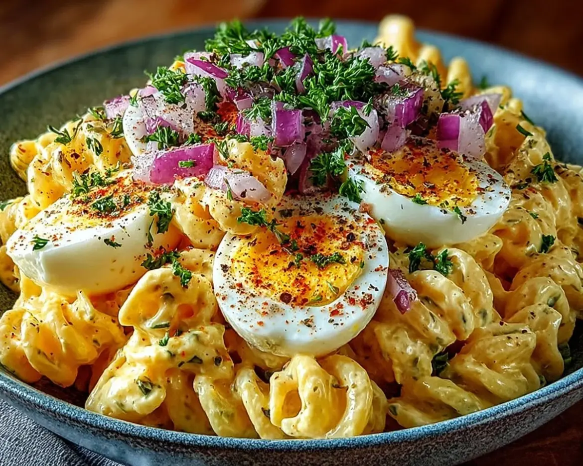 Delicious deviled egg pasta salad served in a colorful bowl