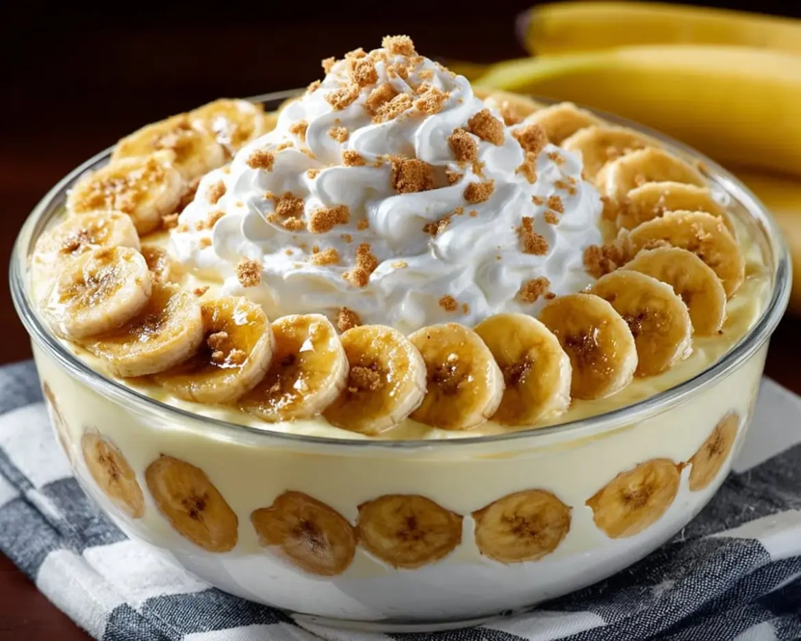 Delicious easy banana pudding served in a glass bowl with bananas on top