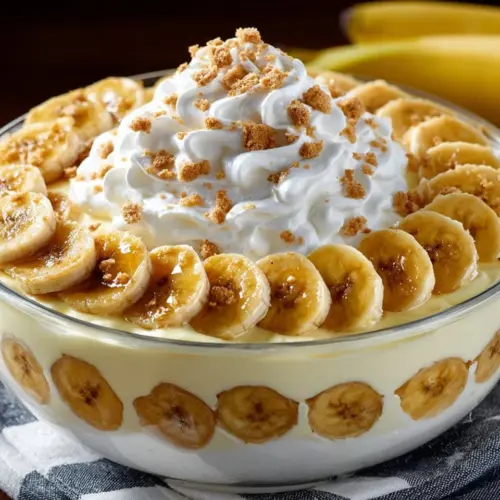 Delicious easy banana pudding served in a glass bowl with bananas on top