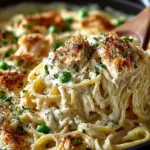 Delicious bowl of easy chicken tetrazzini topped with cheese and herbs
