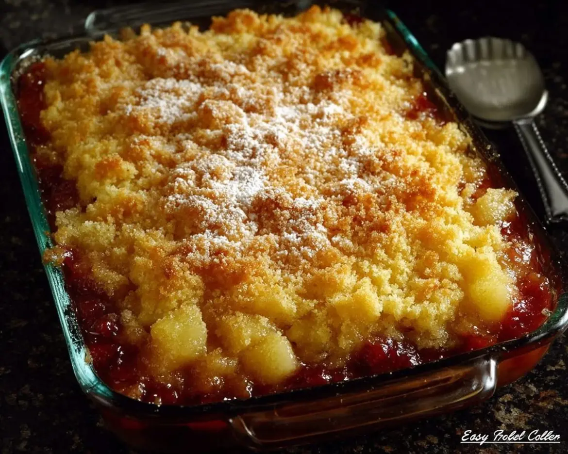 Delicious easy fruit cobbler fresh out of the oven, served with ice cream.