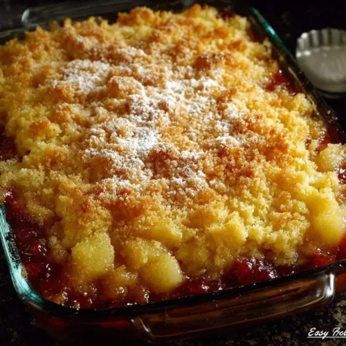 Delicious easy fruit cobbler fresh out of the oven, served with ice cream.