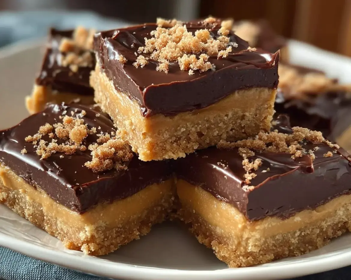 Delicious easy no bake peanut butter bars served on a white plate