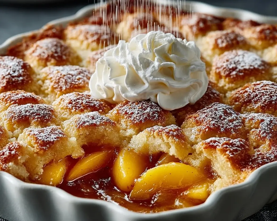 Delicious easy peach cobbler served warm with a scoop of vanilla ice cream