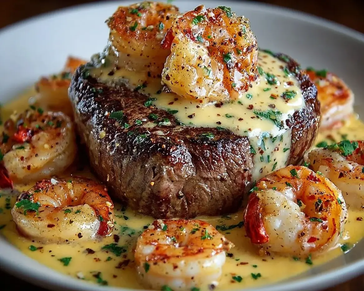 Filet Mignon with shrimp and lobster cream sauce served on a plate