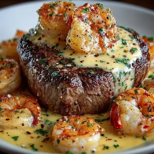 Filet Mignon with shrimp and lobster cream sauce served on a plate